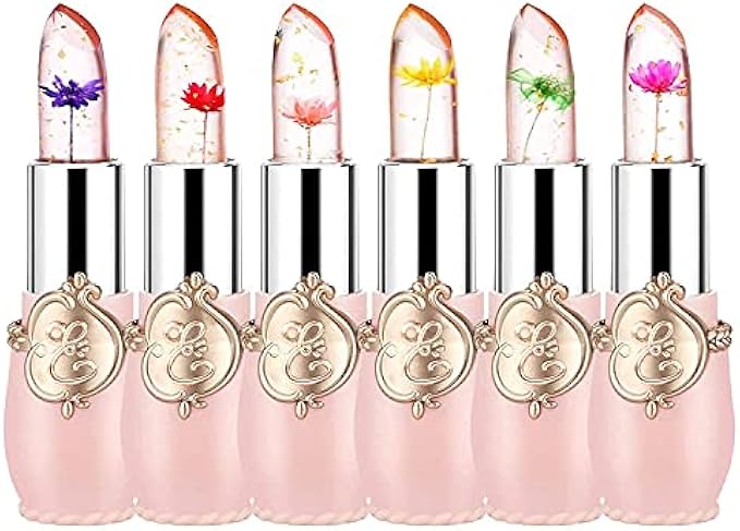 firstfly Pack of 6 Crystal Flower Jelly Lipstick, Long Lasting Nutritious Lip Balm Lips Moisturizer Magic Temperature Color Change Lip Gloss (Pink)