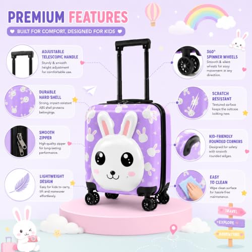 Image of Storite 18In Kids Luggage Trolley Hard Shell Cabin Suitcase | Cute Cartoon Bunny Design Suitcase Ideal For School Trips Vacations Holidays And Weekend Travel (Purple - 35 x 23 x 38 Cm)