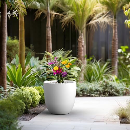 Image of Kante 18 Inch Dia Round Concrete Planter, Indoor Outdoor Large Plant Pot with Drainage Hole and Rubber Plug for Home Patio Garden, Pure White