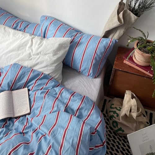 Image of Nayoroom Striped Duvet Cover Queen Coastal Blue Red Stripe Bedding Set