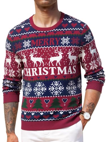 Crewhpo Jersey Navideño Hombre Suéter Navidad de Cuello Redondo Ropa de Punto Jerséis de Manga Larga Cálido Invierno