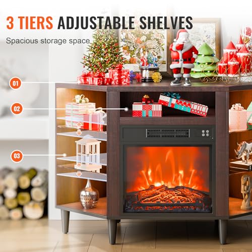 Image of VEVOR Electric Fireplace TV Stand, Corner TV Stand for TVs up to 50 inch, Corner Console with 18 inch Fireplace, Vintage Design, 20 LED Lights, Remote Control & Timer for Living Room, Brown