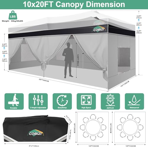 Image of COBIZI 10x20 Pop Up Canopy Tent with Sidewall,Outdoor Canopy,Gray