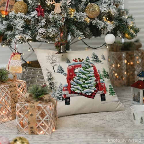 Artoid Mode Watercolor Snow Pine Tree Truck Christmas Cushion Cover - Image 2