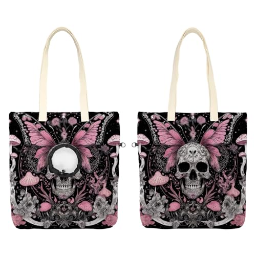 Pet Canvas Shoulder Bag Soft-Sided,Dog Purse Carrier for Small Dogs and Cats, Portable Pet Handbag with Adjustable Hole, Pet Washable Travel Tote Bag,Pink Butterfly Skull Mushroom 19.3''x16.5''