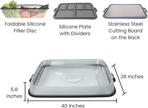 Miniatura 3 de Juego de servir multiusos con tapa de silicona plegable, tabla de cortar de acero 304, apto para lavavajillas para cocina, campamento y uso al aire