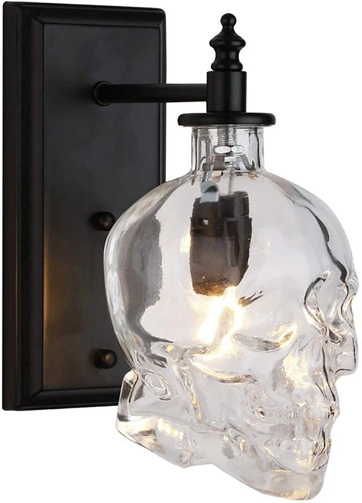 Lámpara de pared industrial Diseño de calavera de cristal Lámpara de pared de hierro forjado retro creativa Dormitorio Sala de estar para bar Restaurante Deco Pasillo Pasillo Escaleras Luz de pared