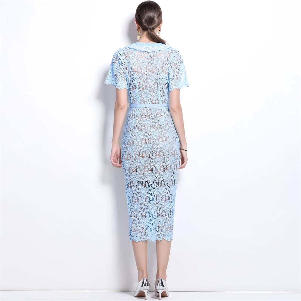 Vestido de encaje de verano for mujer - Vestido ajustado midi de manga corta for bodas, fiestas y días festivos - Rosa M(6)