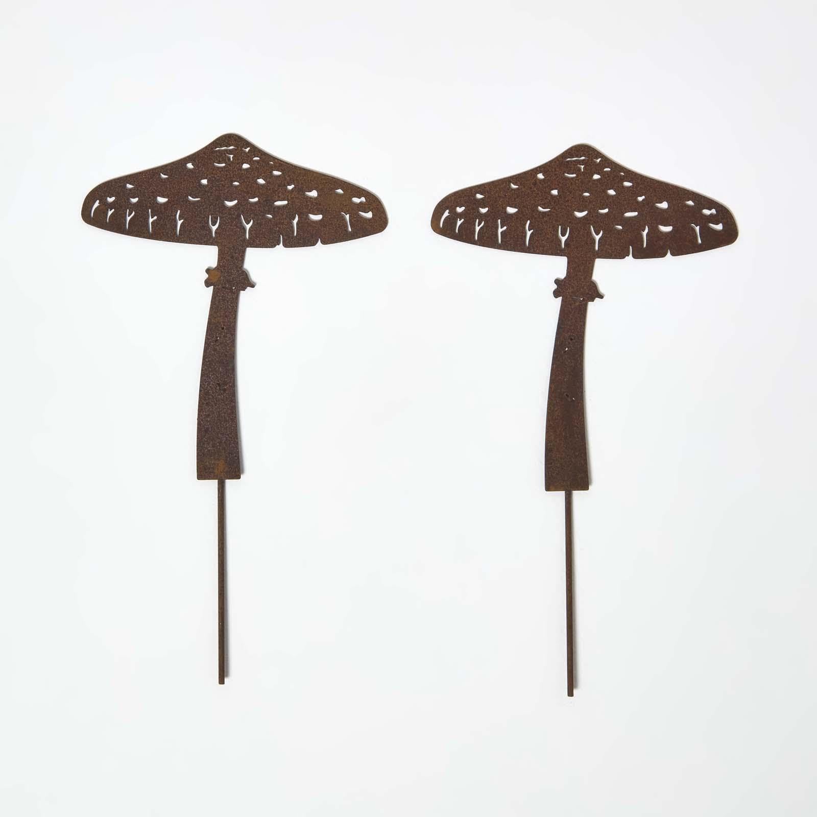 Homescapes Parasol Mushroom Metal Garden Stakes Decorative, Set Of 2 Rustic Metal Plant Silhouette, 27Cm Stake, Weatherproof Vintage Outdoor Ornament For Gardens, Plant Pots, Planters & Balcony