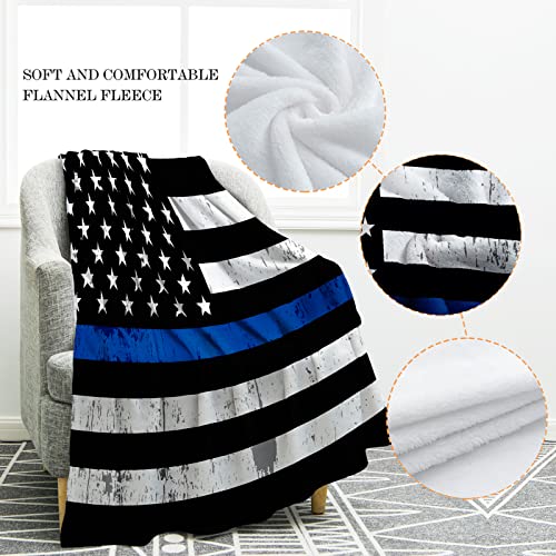Jekeno Blue Line Police Blanket United States Police Flag Print Gifts for Men Boy Dad Husband Son Adult Home Bedroom Living Room Decor Soft Cozy Lightweight Plush Throw Blankets 50"x60"