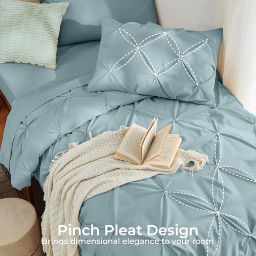 Image of Sasttie Twin XL Comforter Set, 5-Piece Bed in a Bag, Pintuck Bedding Sets for All Season, Includes Comforter, Flat Sheet, Fitted Sheet, Pillowcase and Pillowsham, Greylish Blue