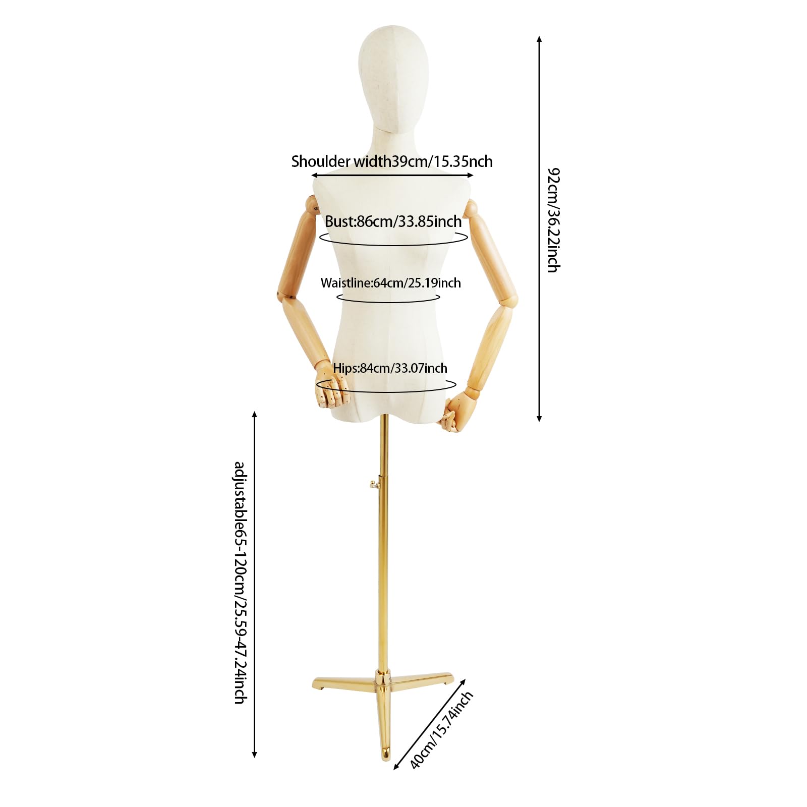 Manichino femminile display manichino corpo regolabile in altezza con braccia flessibili (oro, 157-215 cm)