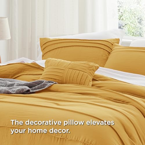 Image of Bedsure California King Comforter Set - 4 Pieces Pinch Pleat Bed Set, Mustard Yellow Boho Bedding for All Season, 1 Soft Comforter, 2 Pillowcases, 1 Decorative Pillow