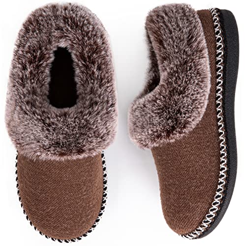 EverFoams Chaussons de luxe en laine pour femmes avec col en fausse fourrure moelleux et décor à la main brun,37 EU Cover