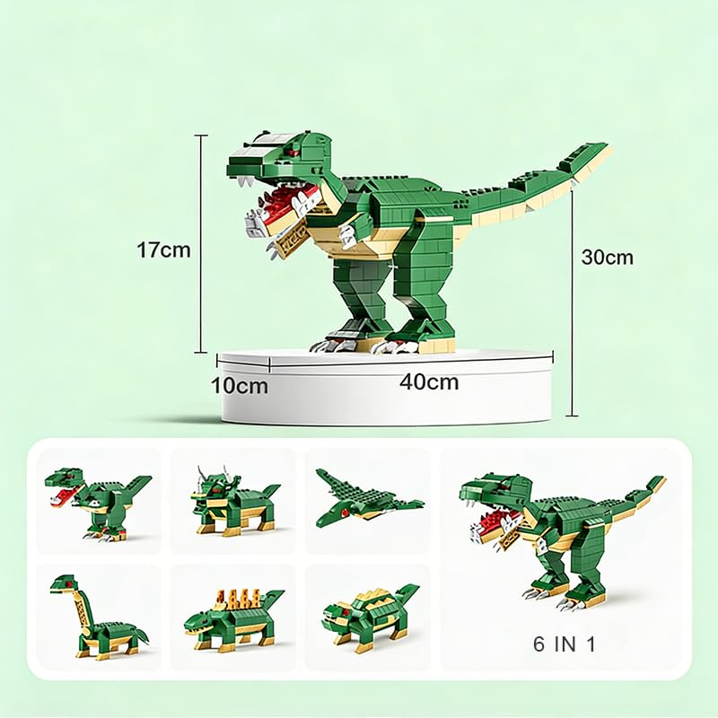 Image of SKY LINE OCEAN Dinosaur Building Blocks Set - 1000+ PCS Large Green T-Rex Construction Toy, STEM Creative Bricks Kit for Kids & Adults, Educational DIY Model Gift for Ages 6+