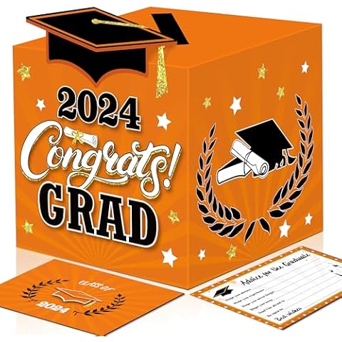 algpty Graduation Wish Cards with Orange and Gold Graduation Card Holder Box - 36PCS Class Of 2024 Graduation Advice Cards and 2024 Congrats Grad Card Box for Graduation Party Supplies Decoration Cover