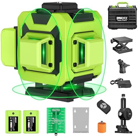 IMAYCC Laser Level 360 Self Leveling, 12 Lines Green Beam Laser Level, 3x360 3D Cross Line Lazer Level for Construction with Remote Control, Anti-fall Box, Multiple Stands, Rechargeable Batteries Cover