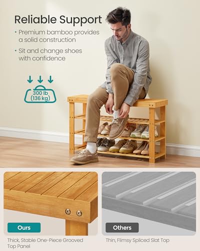 Image of SONGMICS Shoe Rack Bench, 4 Tier Bamboo Shoe Storage Organizer, Entryway Bench, for Living Room, Bathroom, Bedroom, 11.3 x 35.2 x 20.5 Inches, Light Bamboo ULBS390YL01