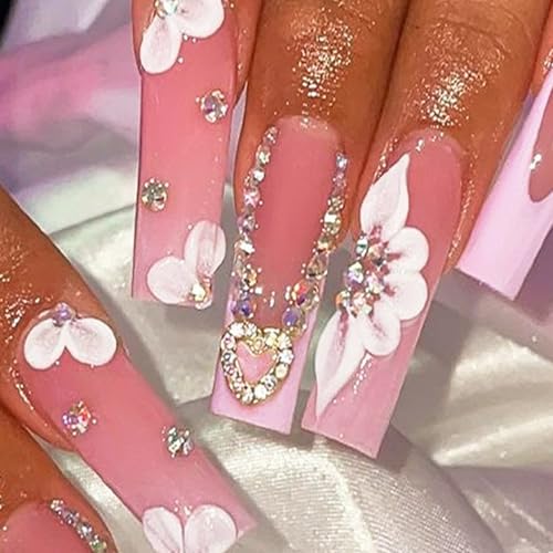 24 piezas de uñas acrílicas postizas largas tipo coffin con brillo ombré rosa cromado y diseño de pedrería para mujeres y niñas miniatura 3