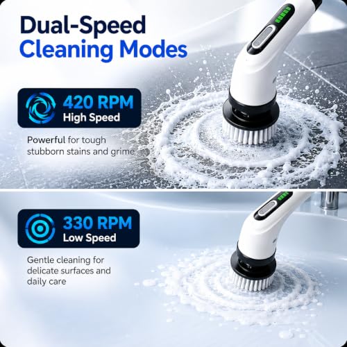 Image of Highyes Electric Spin Scrubber for Bathroom, IPX7 Waterproof Shower Scrubber with Extendable Long Handle, Bathroom Cleaning Scrubber with 7 Reusable Brush Heads (White)