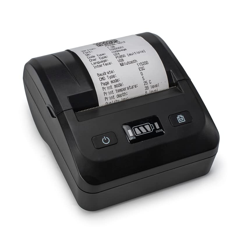 Niyama BT-801 printer actively printing a receipt with technical specifications