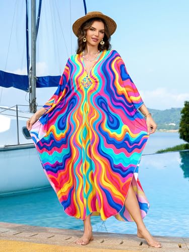 Image of IMAGEKOPE Women's Plus Size Animal Print V-Neck Batwing Kaftan Beach Dress Bathing Suit Cover-Up Loungewear