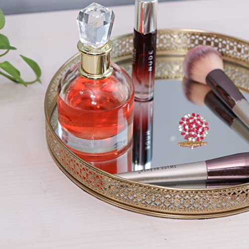 Image of Craft Brio -A TRENDY HANDICRAFTS Round Glass Mirror Gold Plated Tray Decorative Vanity Perfume Storage Pooja Wedding Gifting Display Laser Cutting Trays (25 X 3 H cm)