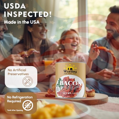 Image of Werling Fully Cooked Canned Bacon 12 oz - Ready to Eat Smoked Bacon, Shelf Stable up to 5 Years, Long-Term Food Storage, Emergency Survival Food, Camping & Hiking Meals, Pantry Staple, Canned Meat, Pack of 12