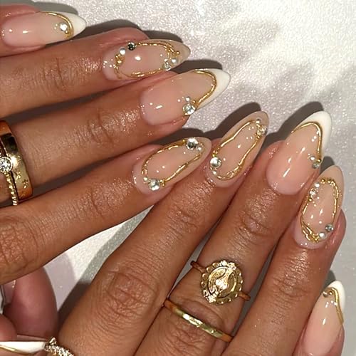 Mivota Soft Gel Press On Nails Almond Nude Pink, Luxury Gold Line...