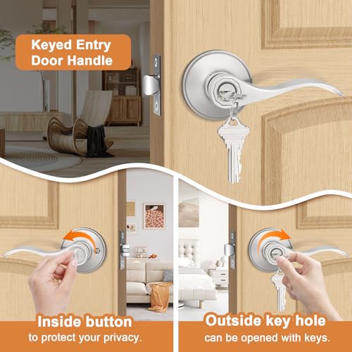 Probrico 10 Pack Keyed Alike Entry Levers, Wave Style Satin Nickel Entry Locksets, Exterior Interior Door Levers with Lock and Same Keys(for Bedroom or Office) - Image 3