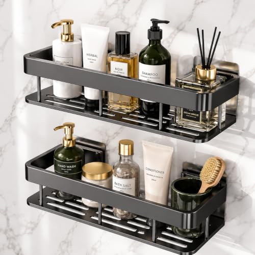 Image of Niwlix Self Adhesive Bathroom Organiser Without Drill Accessories Set | Wall Mounted Bathroom Shelves | Aluminum Bathroom Organizer Rack for Bathroom Accessories (Black)