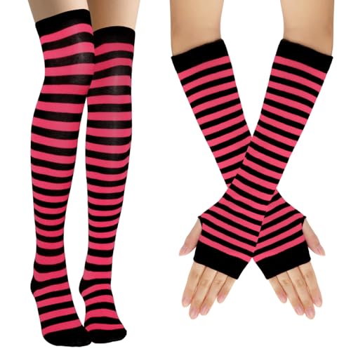 Women Socks Striped Knee High Socks Leg Arm Warmer Fingerless Gloves Set Halloween Cosplay