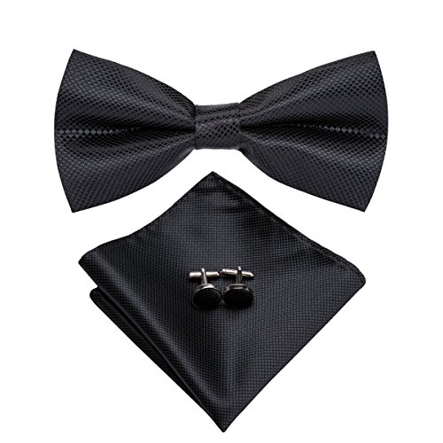 Image of Hi-Tie Pretied Bowtie Lapel Pin Set for Men Pocket Square Cufflinks 4PCS Bow Tie Set Mens Wedding Business Party, Black