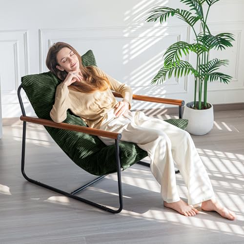 Image of MAXYOYO Modern Accent Chair, Comfy Living Room Chair with Metal Frame Wooden Armrest, Upholstered Armchair with Soft Cushion for Bedroom Balcony Lounge Reading Room, Dark Green