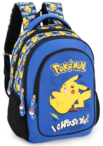 Zaino Scuola Elementare Bambini 43x33x20 cm – Multitasche Per Pokemon Fan – Schienale Ergonomico, Spallacci Imbottiti, Tasche Porta Borraccia, Grande Capacità e Design Brillante