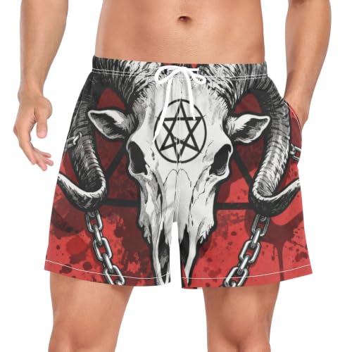 Pantalones cortos de natación rojos de secado rápido con diseño gótico de calavera de oveja para hombre