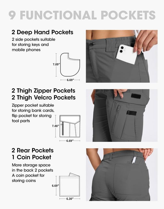 Women's Hiking Cargo Pants 9 Pockets Water-Resistant Quick Dry Lightweight Work Travel Camping Tactical Pants