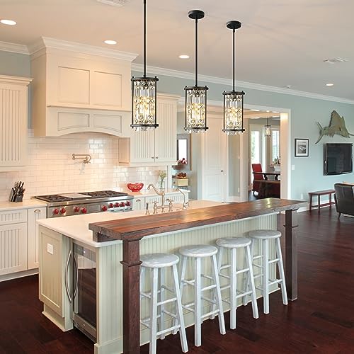 Image of LMQNINE Modern Black Pendant Light Fixtures for Kitchen Island, Crystal Chandelier Lights Fixture, Adjustable Farmhouse Pendant Lighting for Dining Room Bedroom (Round 1-Light)