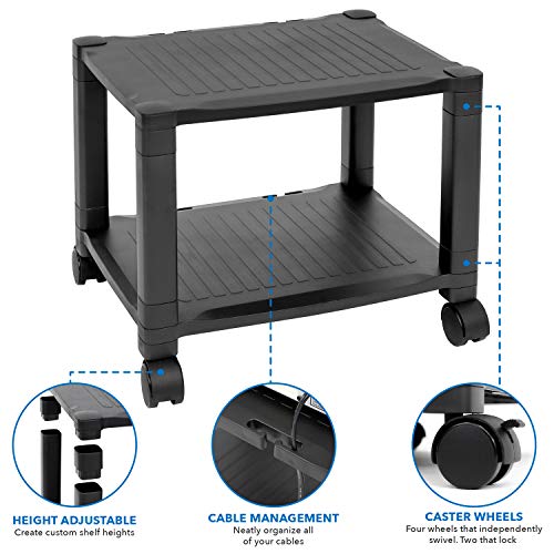 Mount-It! Under Desk Printer Stand With Wheels [2 Shelf] Height Adjustable With 4 Swivel Wheels, Cable Management, Low Rolling, Mobile Printer Cart, 2 Tier (Black) #TOP3