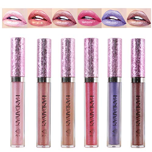 6Pcs Diamond Pearlescent Lip Gloss Non-stick Cup Mermaid Lip Gloss Lipstick Set Matte to Glitter Liquid Lipstick Set Diamond Shimmer Metallic Lipgloss Waterproof