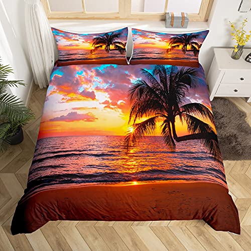 Femmes Ocean Beach Housse de Couette pour Enfants Adultes Filles Chic Mer Coucher de Soleil Paysage Tropical Palm Tree Parure de Lit 200x200cm Hawaiian Holiday...