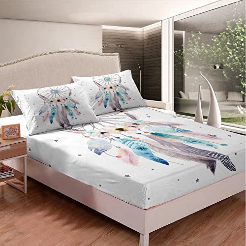 Erosebridal Dream Catcher Bed Sheet Set Twin Boho Dreamcatcher Bedding Native American Indian Bedding Sheets Teal Bohemian Mandala Feather Stars Fitted Sheet + Tribal Exotic Floral Flat Sheet + 1 Pillow Case thumb #3