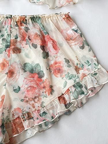 Verdusa Women's 2 Piece Floral Print Mesh Ruffled Peplum Cami Top and Shorts Pajama Sets3