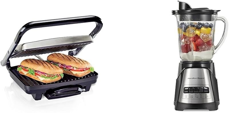 Hamilton Beach Panini Press, Sandwichera y parrilla eléctrica interior, almacenamiento vertical y licuadora Power Elite Wave Action para batidos y batidos, puré, triturar hielo
