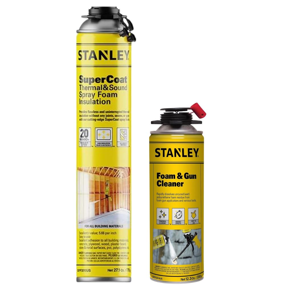 STANLEYSupercoat Spray Foam Insulation Kit - Closed Cell Spray Foam Covers Up to 20 Sq.Ft. - Including Cleaner, Safety Items - 27.1 oz, 1 Pack