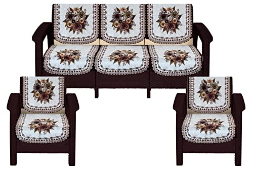 Image of The Furnishing Tree Velvet Floral Pattern 10 Pieces 5 Seater Sofa Cover Set Beige