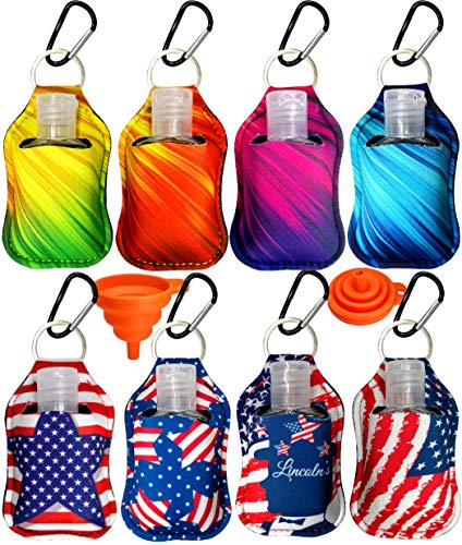 8 Pieces Empty Travel Size Bottle with Hand Sanitizer Keychain Holder, 30 ml Flip Cap Reusable Bottles With Neoprene Holder for Soap and Liquids (Flag)