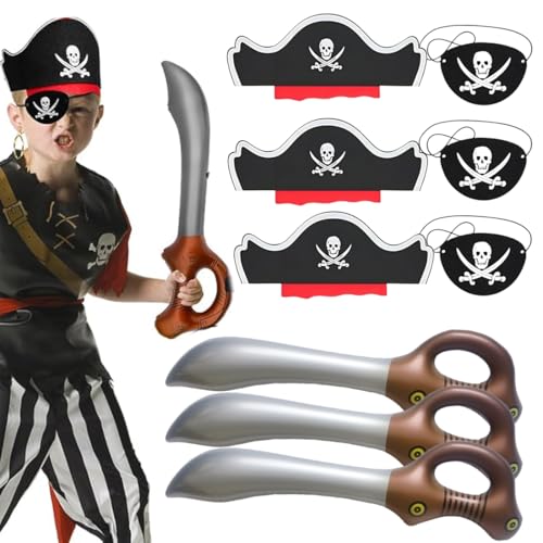 BCHKO 9 Pezzi Set Festa di Compleanno Pirata per Bambini - Giocattolo Gonfiabile, Cappello da Pirata, Maschera per gli Occhi, Baffi Finti, Decorazioni per Feste di Carnevale e Halloween