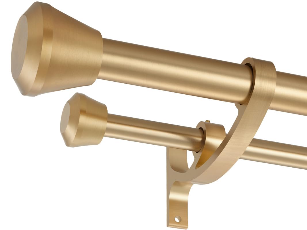 Double Curtain Rods Warm Gold, Double Window Rods 48 to 84 Inch, Heavy Duty 1-Inch Front and 5/8 Inch Back Double Rod Curtain Rods, Decorative Telescoping Double Drapery Rod with End Cap