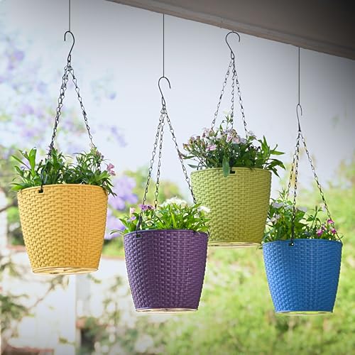 Eha Earth Friendly Lush Hanging Pot 7 inch Self Watering Hanging Planters for Balcony | Set of 4 Hanging Pots for Plants | Bamboo Based and UV Resistant | Gamla for Plants | Multicolor